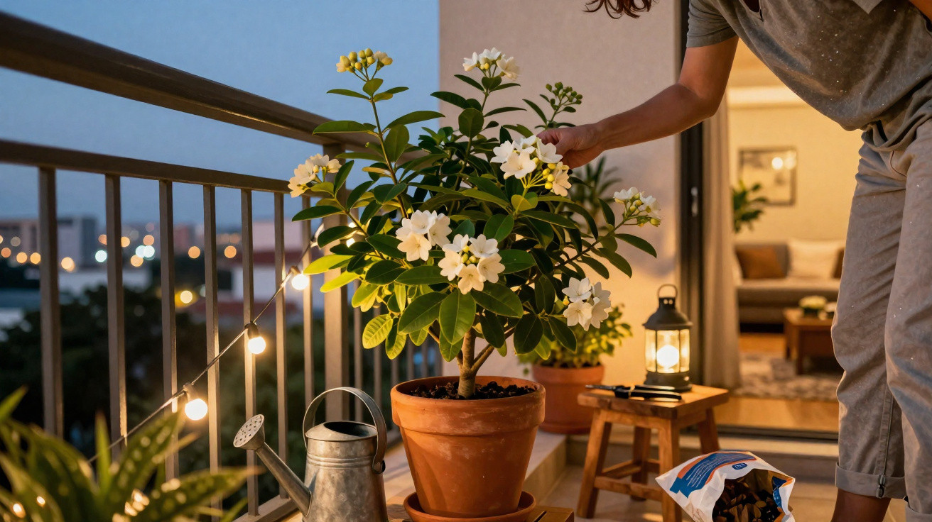 Person tending to flowering potted plant on balcony decorated with string lights and watering can at dusk.