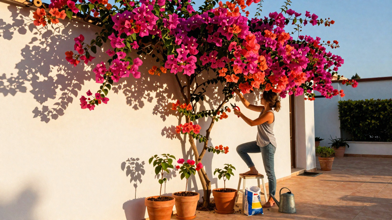 Woman tending vibrant pink and orange bougainvillea growing against a white wall in a sunny patio.