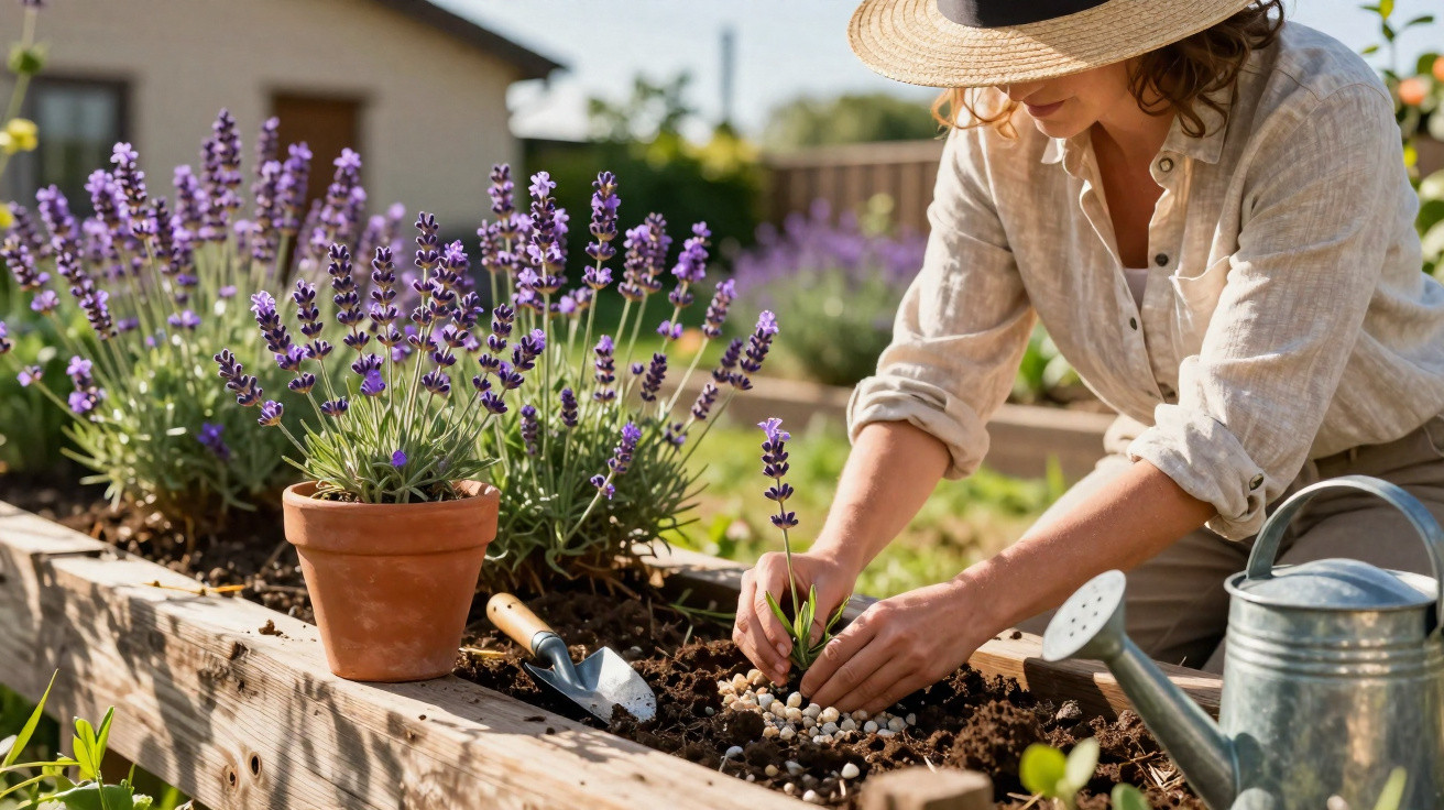 Person wearing a hat planting lavender in a raised wooden garden bed on a sunny day