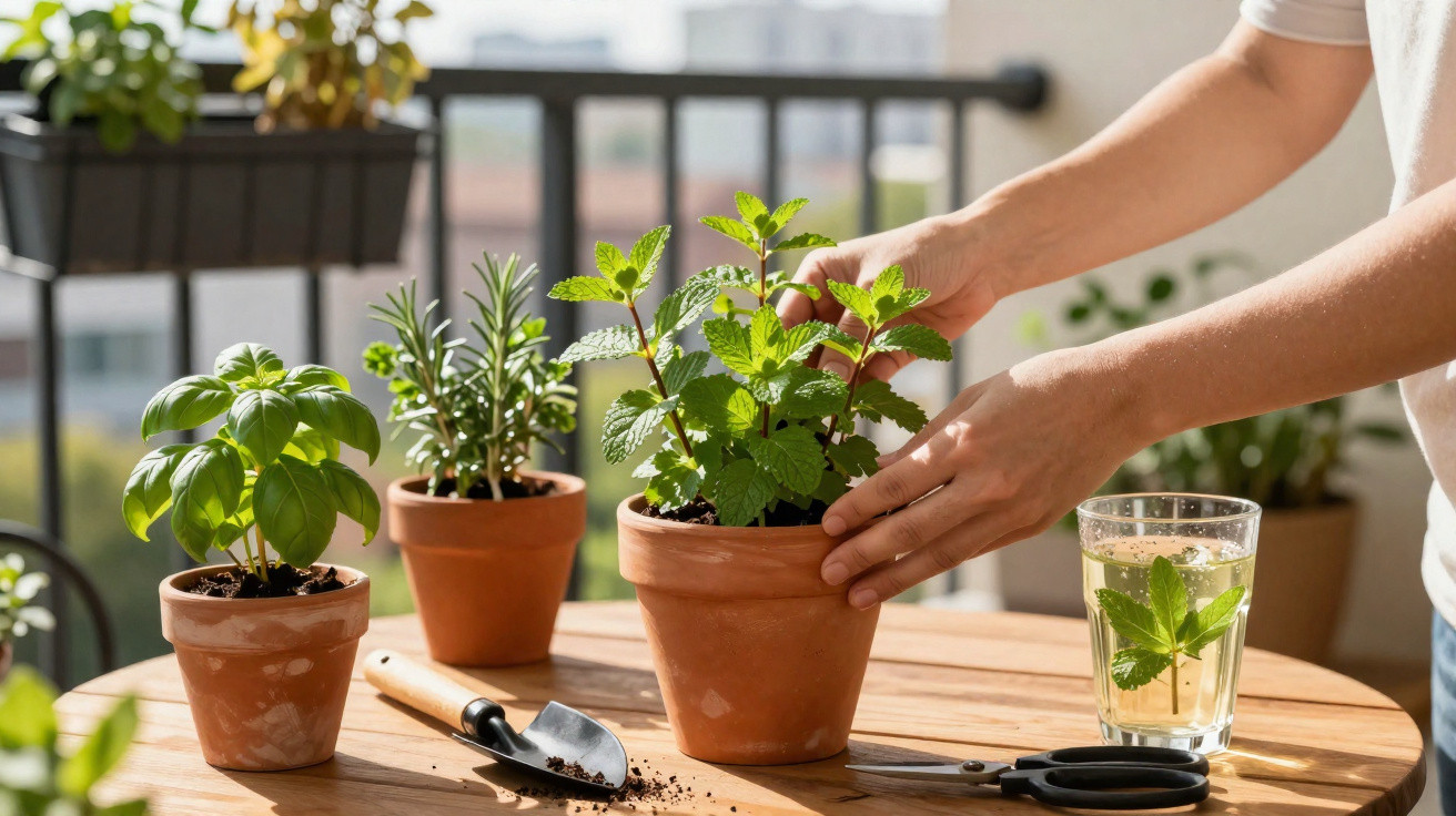 Hands tending to potted herbs on a wooden table with gardening tools and a glass of infused water.