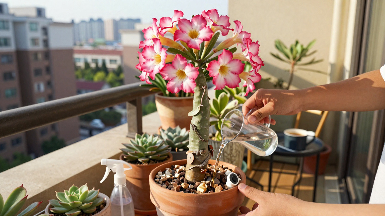 Person watering a flowering pink desert rose plant in a terracotta pot on a sunny balcony.