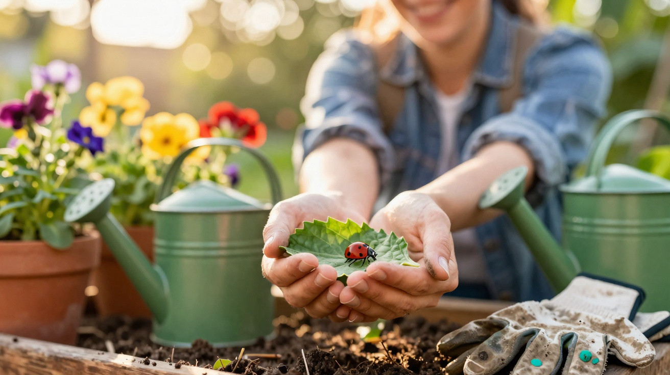 Person holding a green leaf with a ladybird, surrounded by gardening tools and colourful flowers in pots.