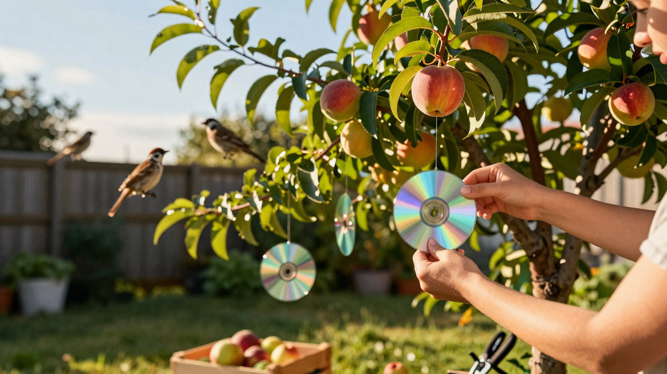 Person hanging reflective CDs on apple tree branches to deter birds from the fruit in a garden.