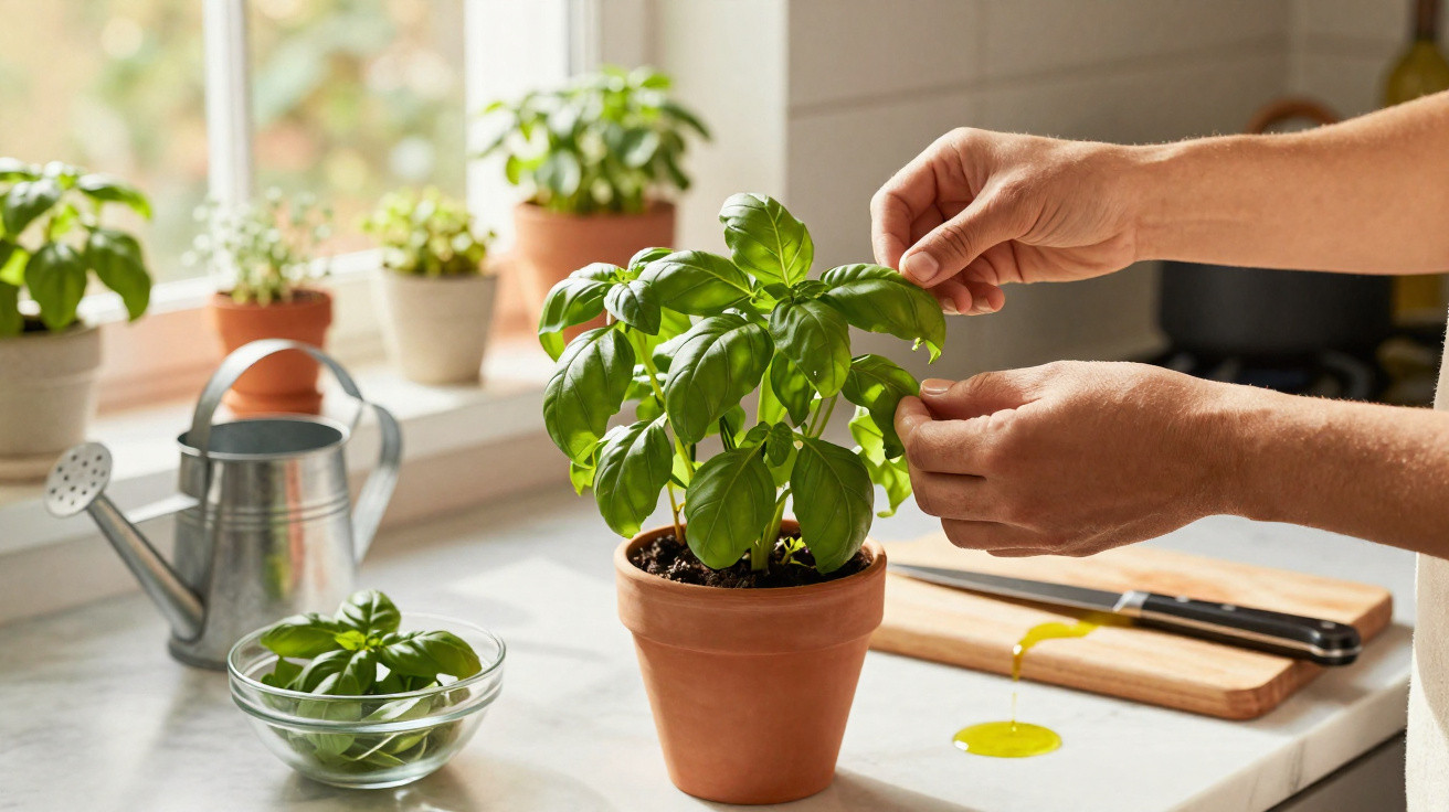 Hands harvesting fresh basil leaves from a potted plant on a kitchen countertop near a window.