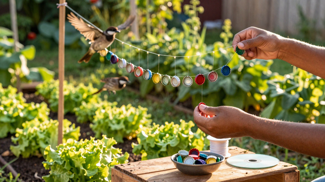 Hands stringing colourful bottle caps on a line outdoors with birds and lettuce plants in the background