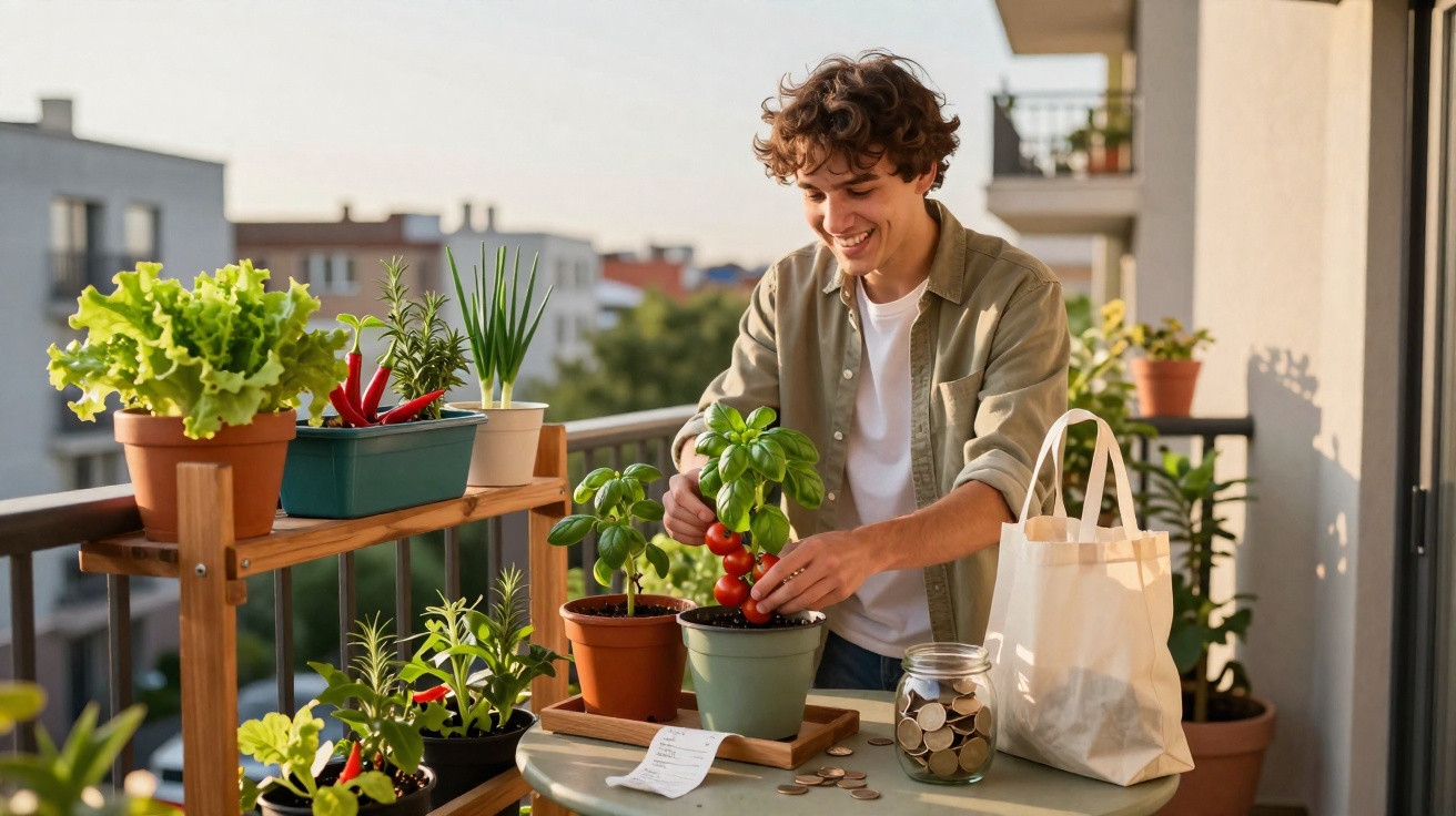Young man gardening cherry tomatoes on a balcony with various potted plants and a jar of coins nearby.
