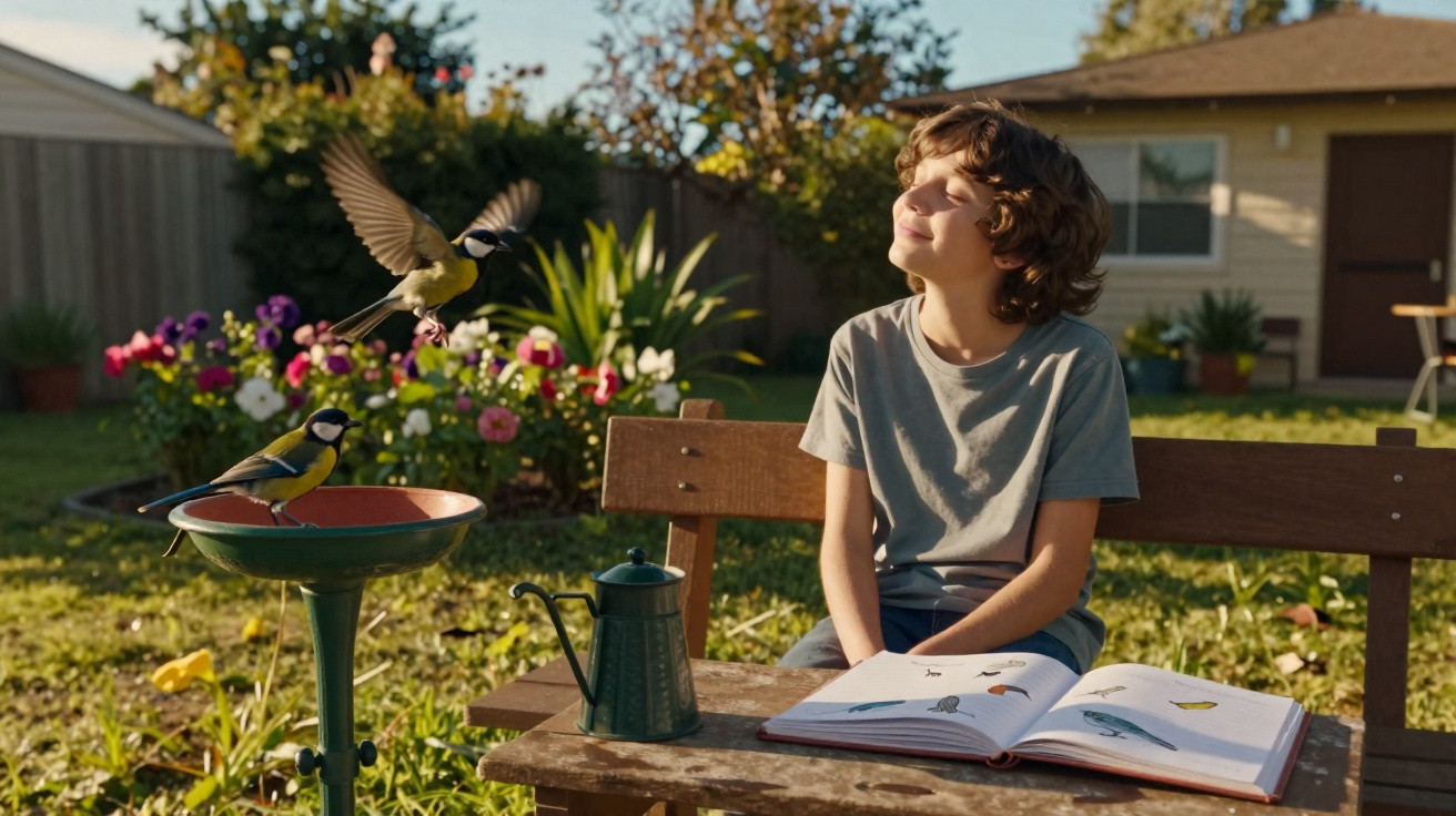 Young boy sitting on a bench in a garden with a birdbook and two birds near a birdbath in sunlight