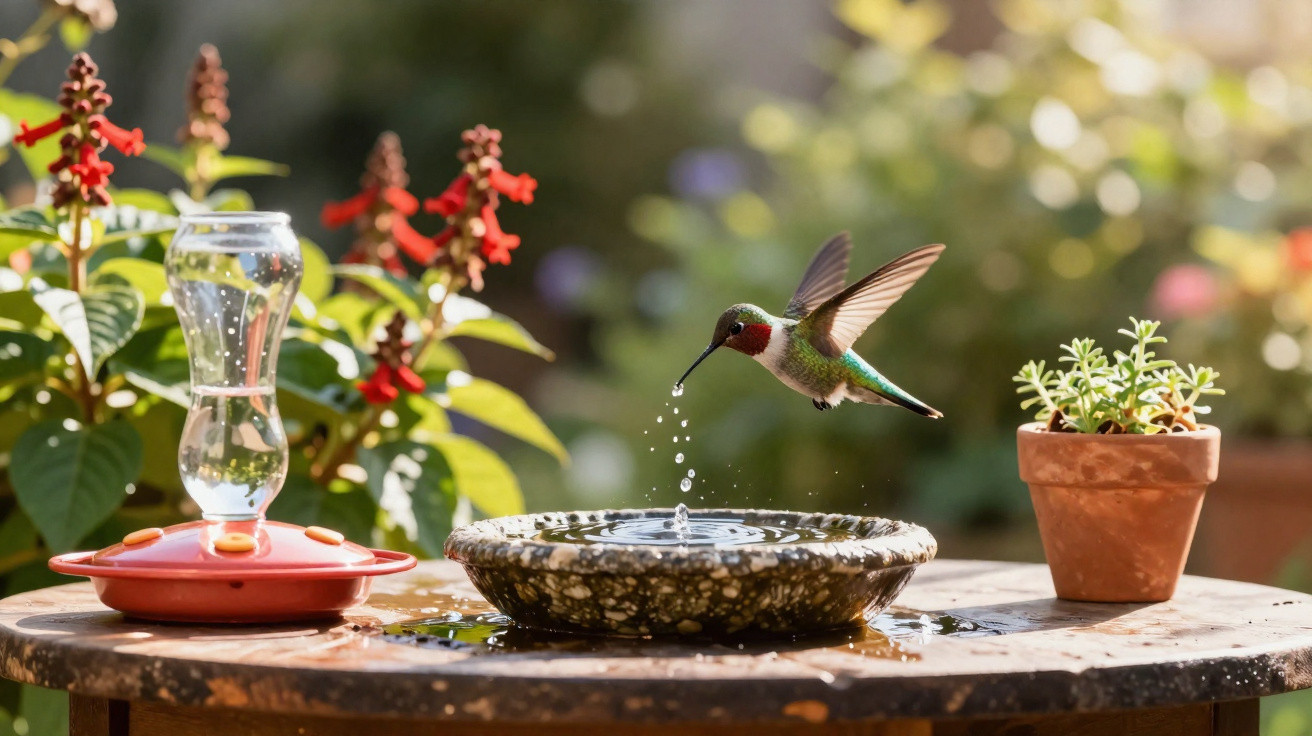 Hummingbird drinking water droplets from a stone birdbath on a sunny garden table with plants.