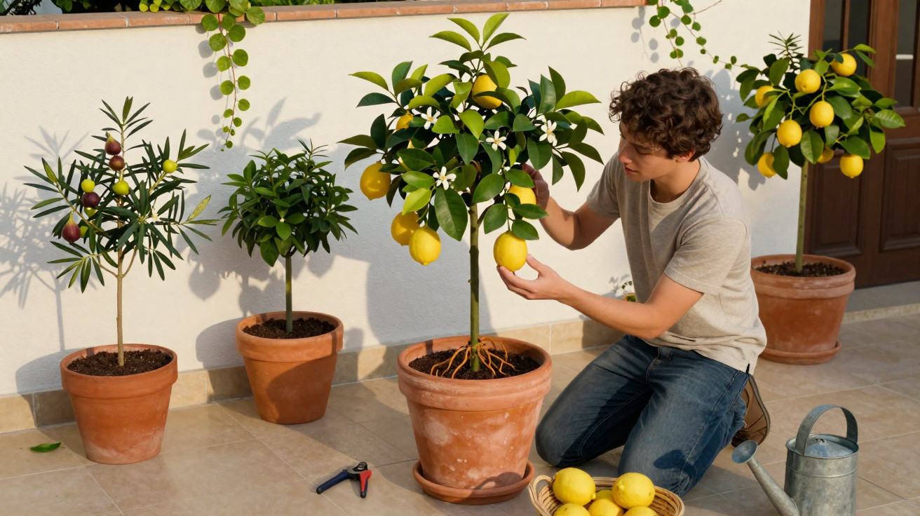 Young man tending potted lemon trees on a patio, holding a ripe lemon, with gardening tools nearby.