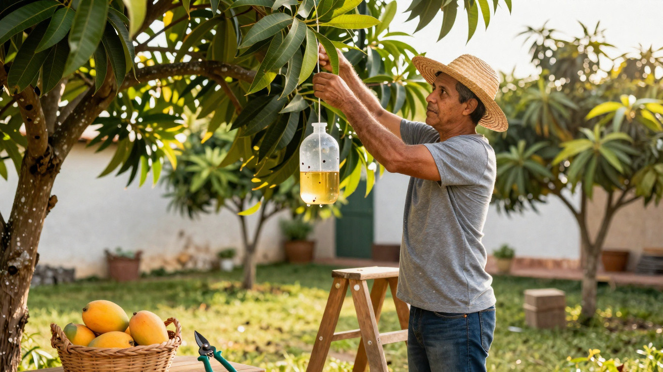 Man in a straw hat hanging a yellow sticky trap on a tree in a garden with a basket of mangoes nearby.