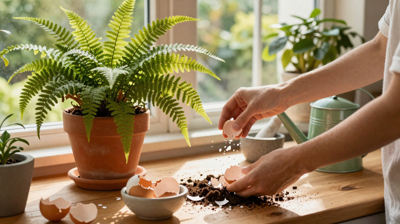 Hands crumbling eggshells over soil on a windowsill near potted plants and a watering can.