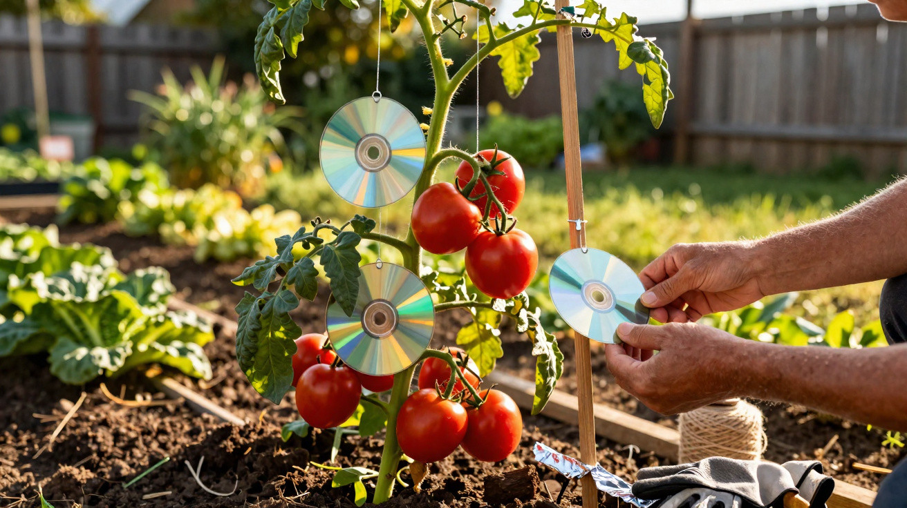 A person hanging CDs on a tomato plant in a garden to protect it from birds.