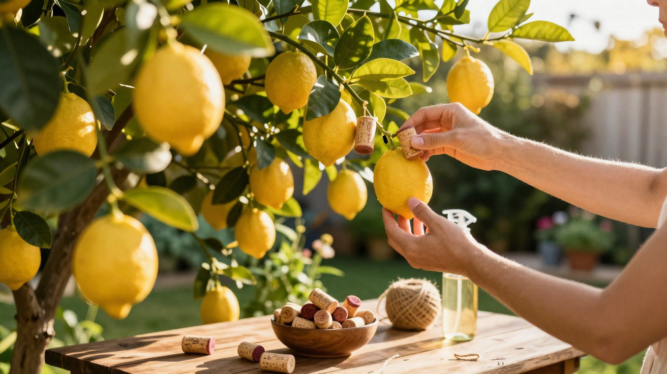 Hands attaching wine corks to ripe lemons hanging from a tree in a sunny garden setting.