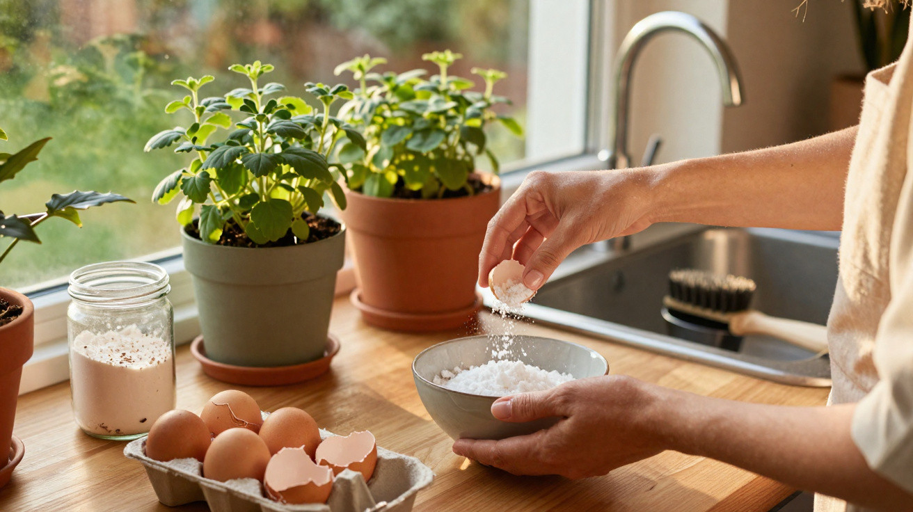 Person sprinkling salt into a bowl on a wooden kitchen counter with plants and eggs nearby.