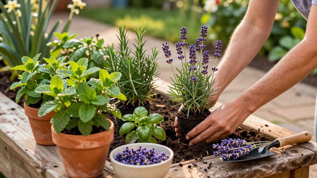 Hands planting lavender in a wooden garden bed surrounded by potted herbs and a small bowl of lavender buds.