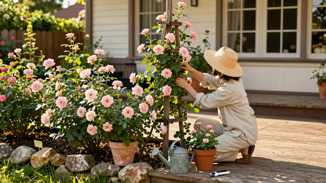 Person tending to pink rose plants in pots by a wooden deck outside a house on a sunny day