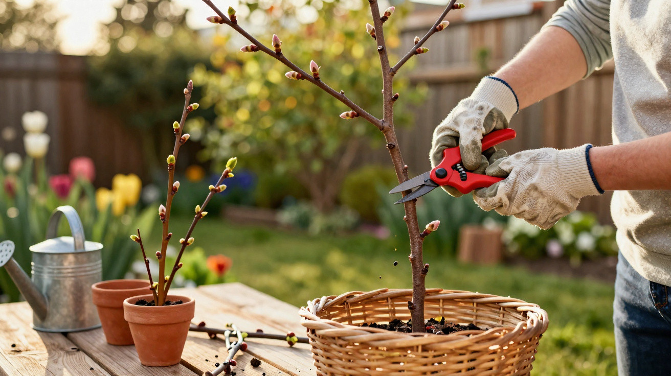 Person pruning a young tree branch in a woven basket outdoors with gardening tools on a wooden table.