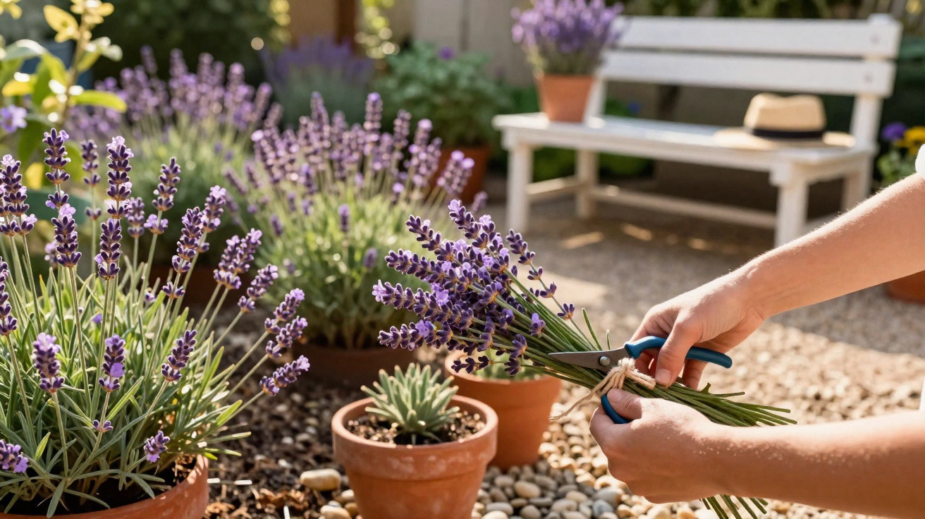 Hands cutting lavender with garden shears in a sunny garden with potted plants and a white bench background.