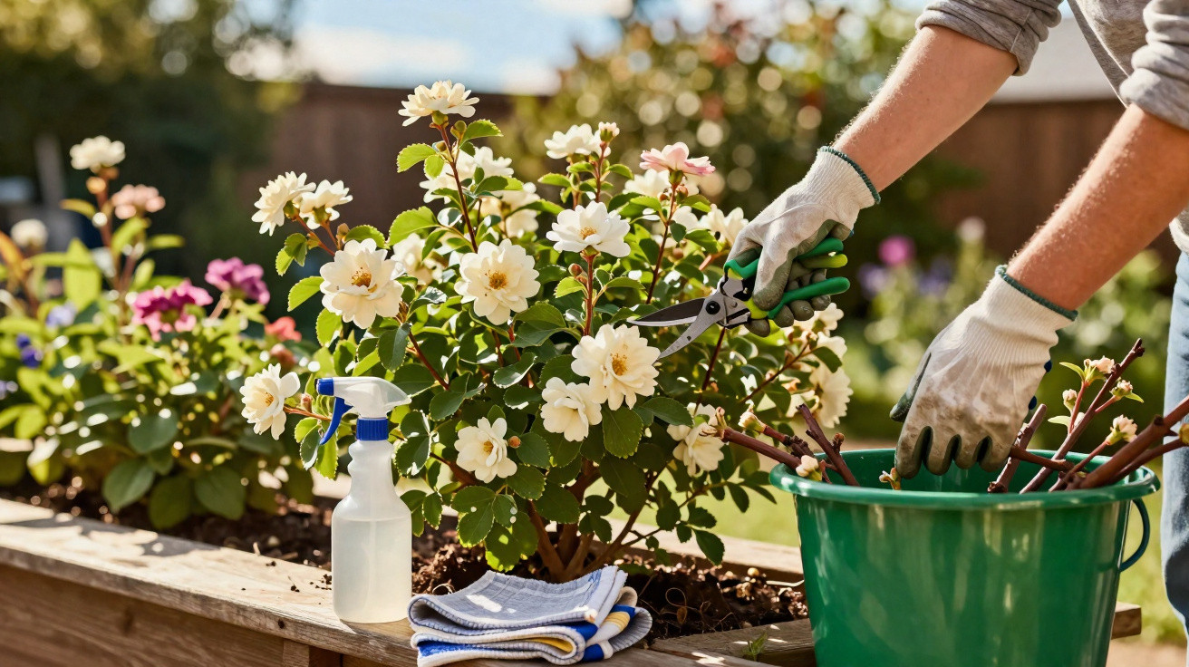 Person pruning white flowering bush in garden with gloves, spray bottle and cloths on wooden planter box.