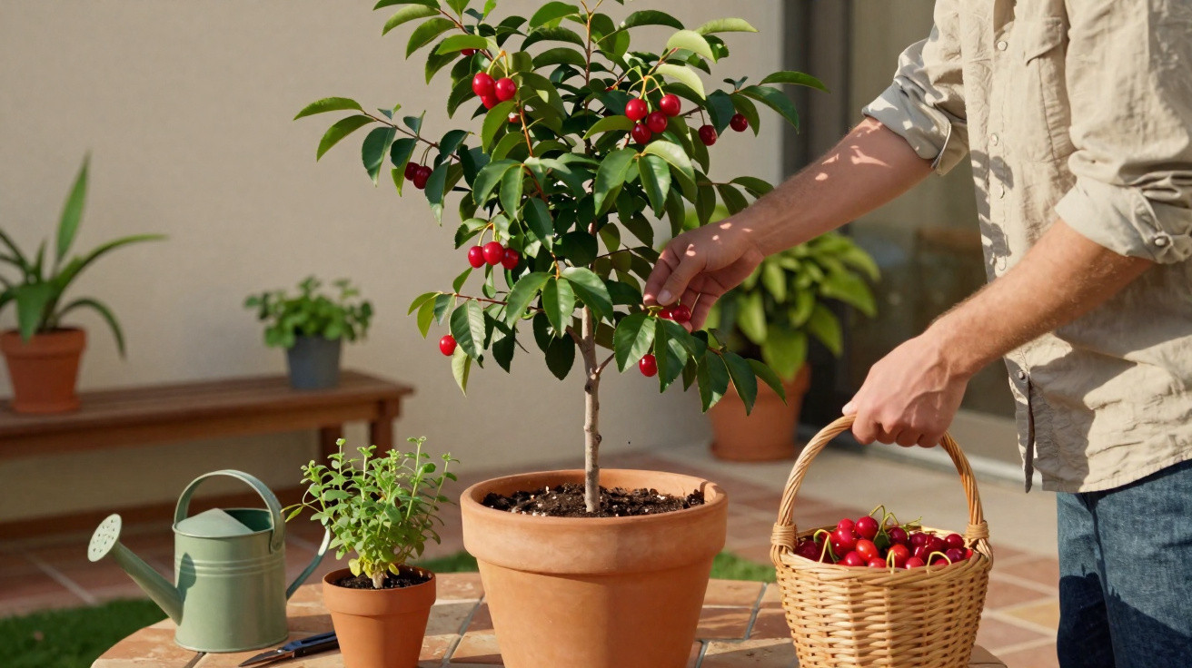 Person harvesting ripe cherries from a potted cherry plant with a basket and watering can nearby.