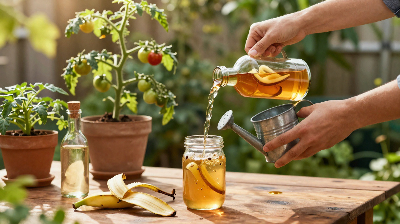 Hands pouring homemade banana vinegar from a bottle into a watering can beside potted plants and banana peel on a wooden tabl