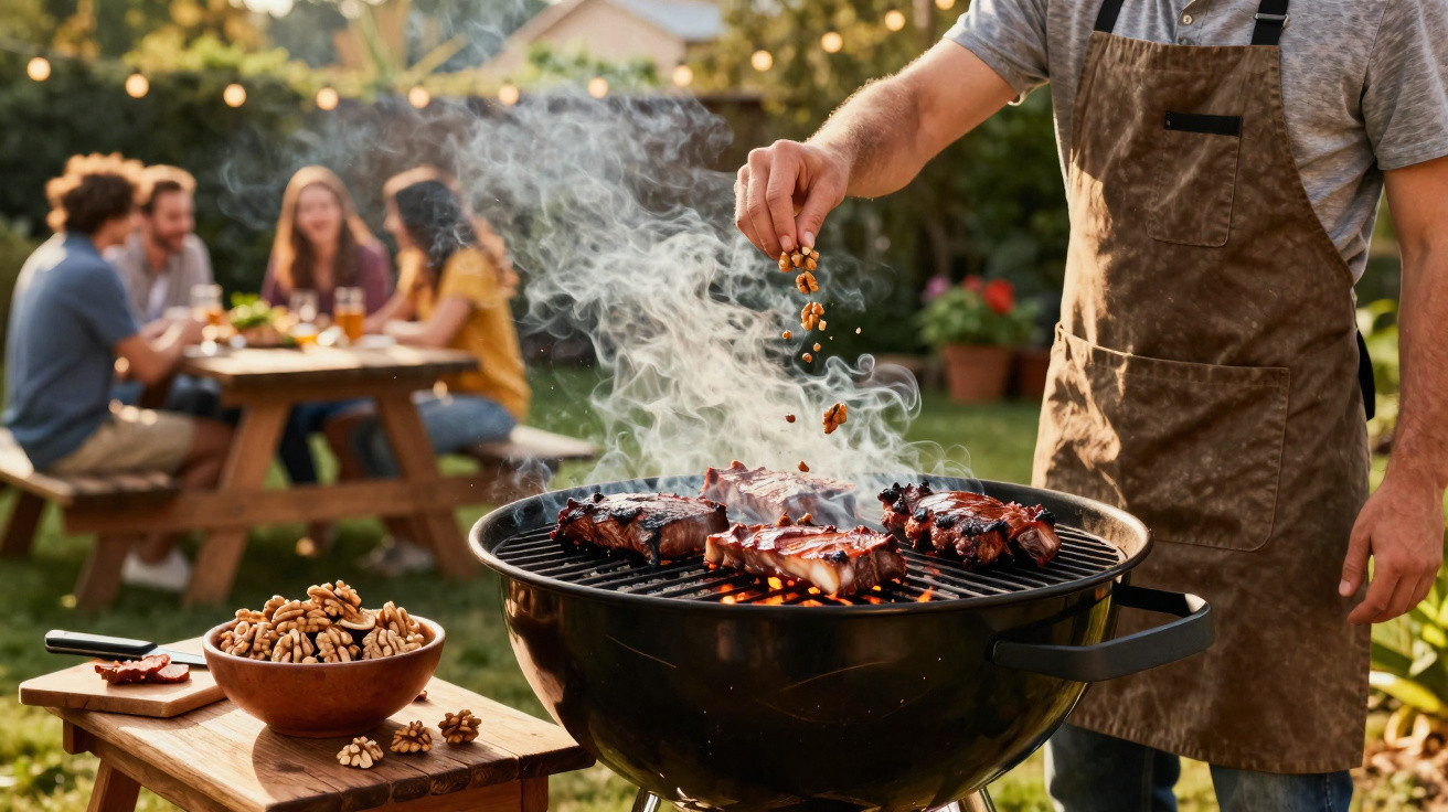 Person seasoning ribs on a smoking barbecue grill with a group enjoying drinks at a picnic table outdoors.