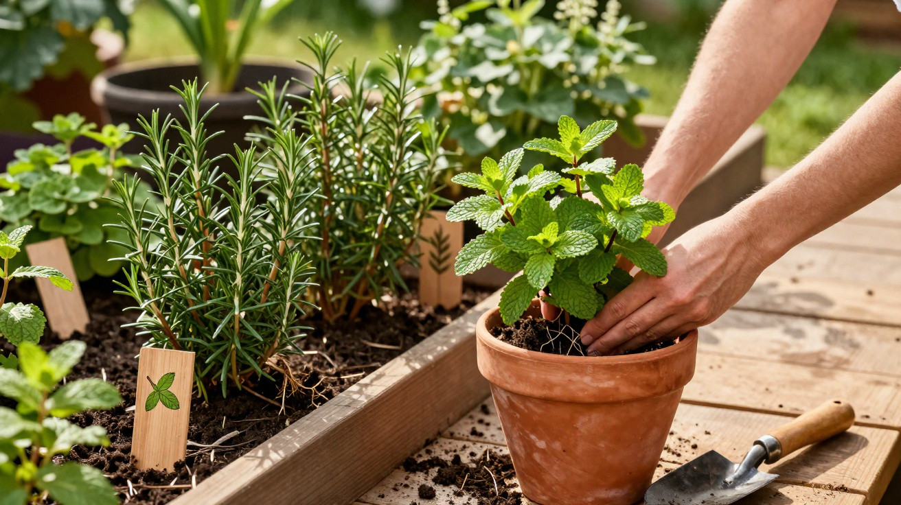 Hands planting a green herb in a terracotta pot beside a wooden herb garden with plant labels outdoors.