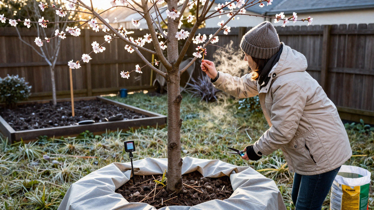 Person wearing a coat and beanie pruning a blossoming tree in a garden on a cold morning.
