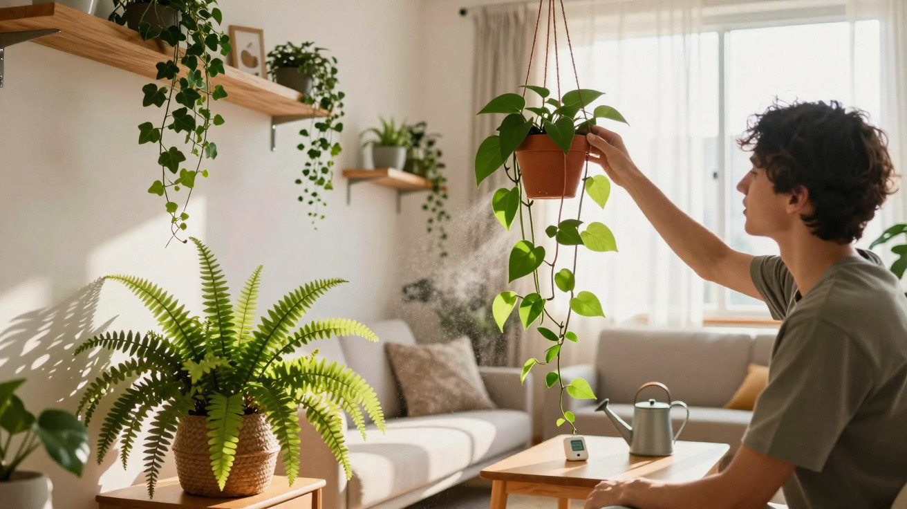 Person spraying water on a hanging plant in a bright living room with various green plants and a sofa.