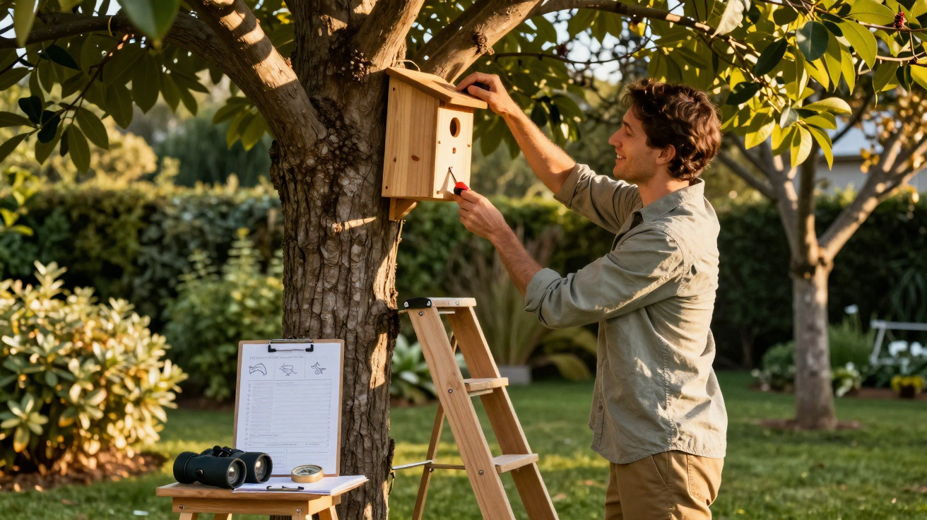 Man installing a wooden birdhouse on a tree in a sunny garden with binoculars and checklist nearby.