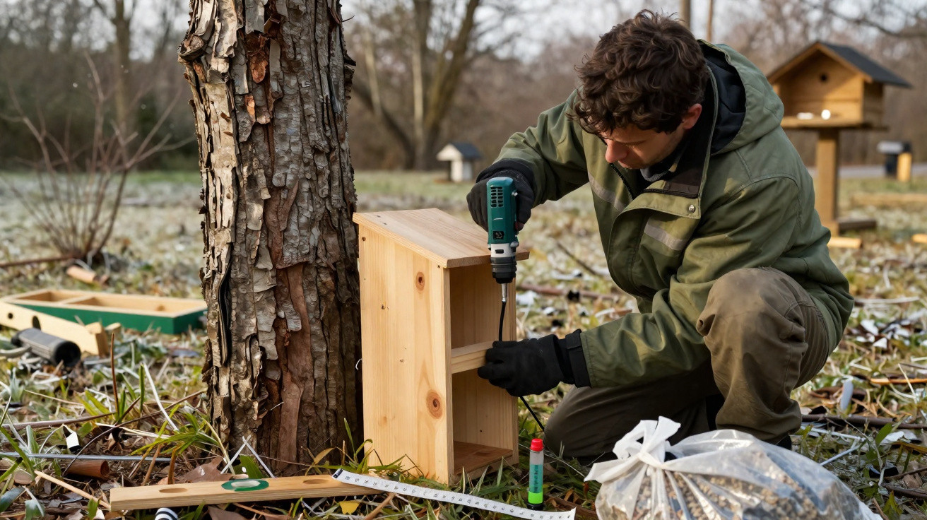 Man in green jacket assembling wooden birdhouse with power drill beside tree outdoors in late autumn.