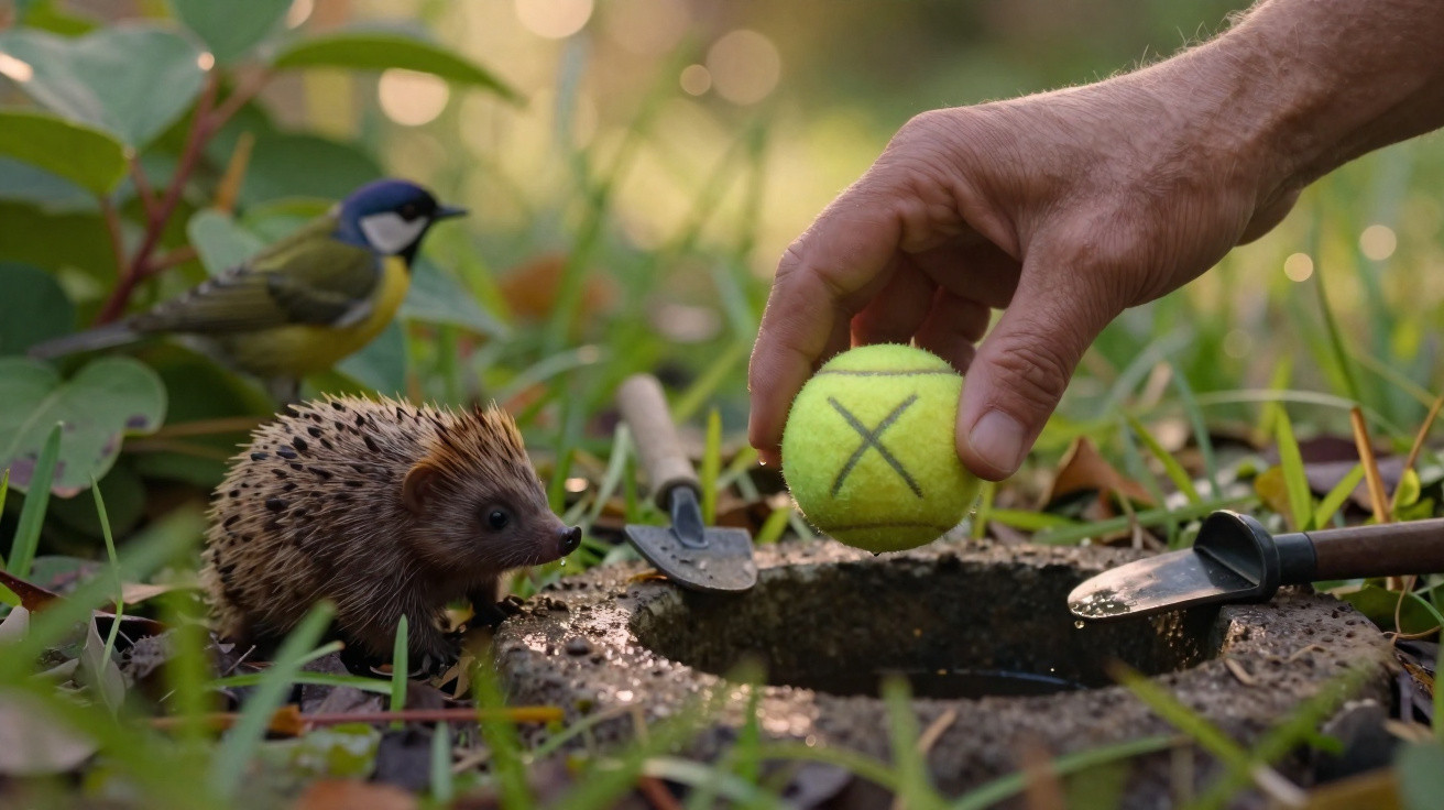 A hand holding a tennis ball near a small hole in the ground with a hedgehog and a bird nearby.