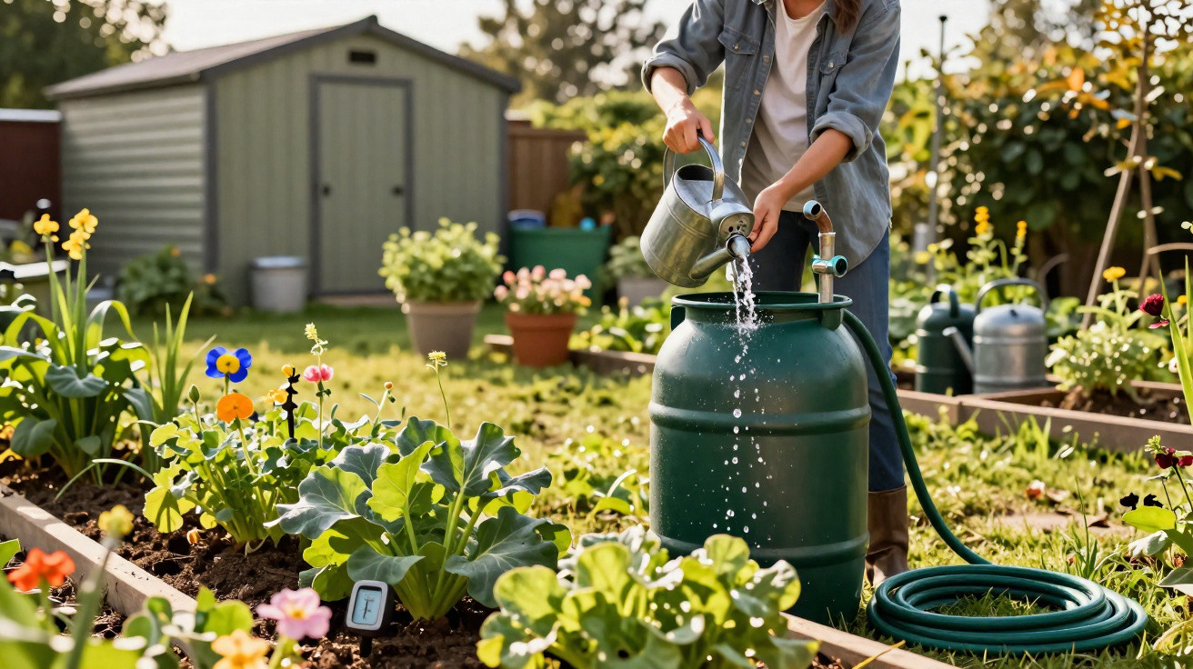 Person pouring water from a metal watering can into a large green rain barrel in a sunny garden.