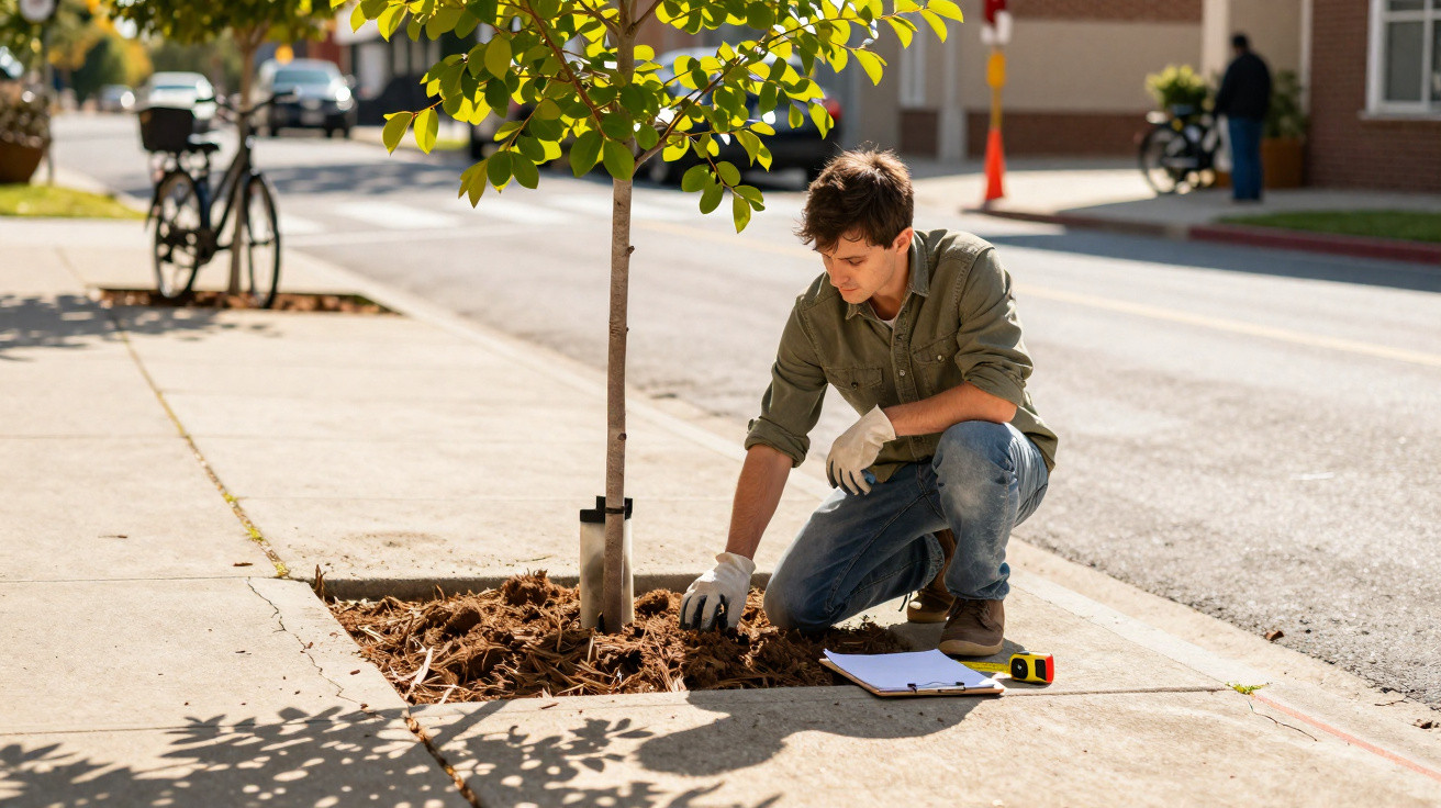 Young man wearing gloves planting a tree in a sidewalk tree pit on a sunny day.