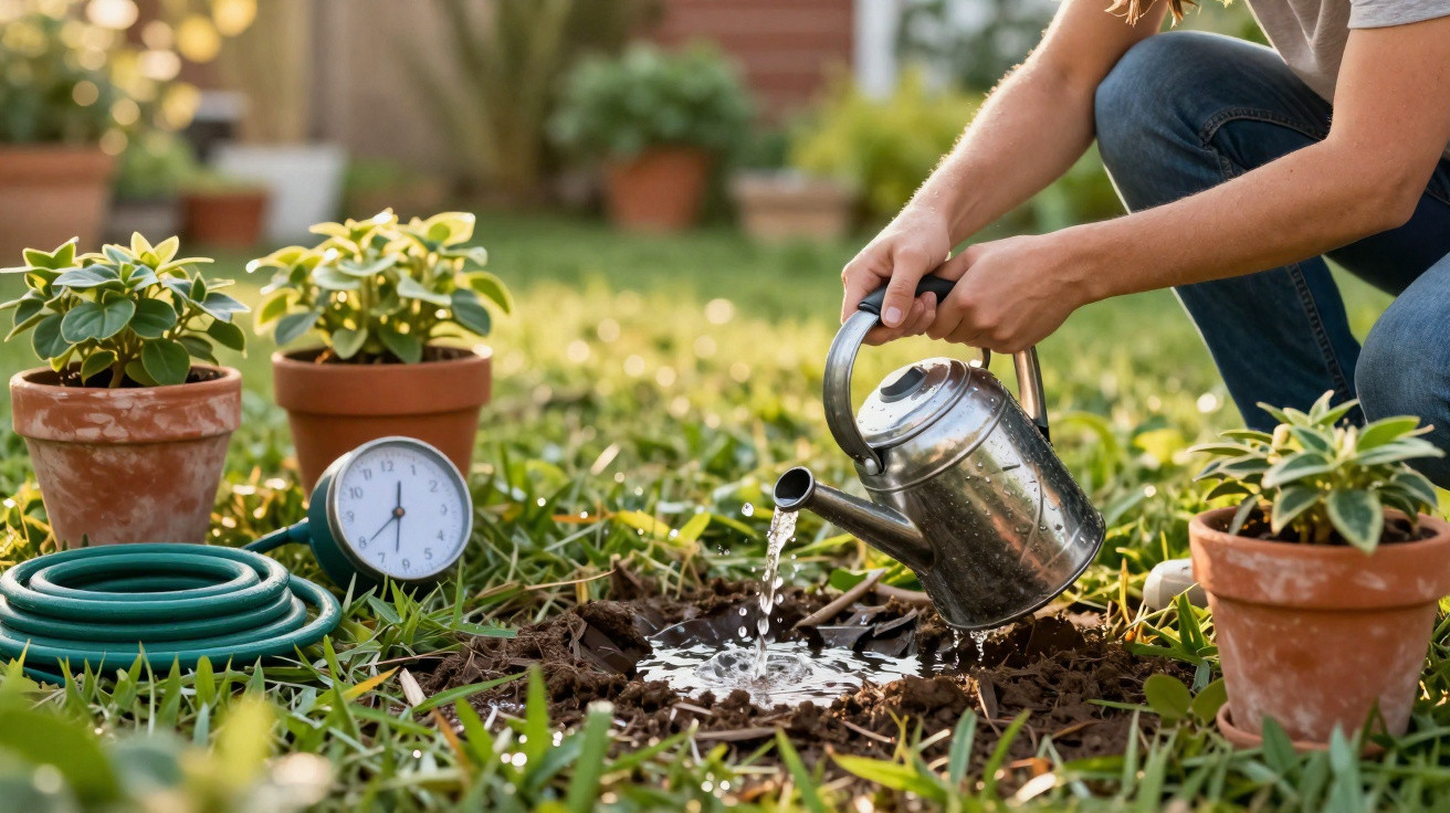 Person watering newly planted sapling with watering can in a garden with potted plants and garden hose nearby.
