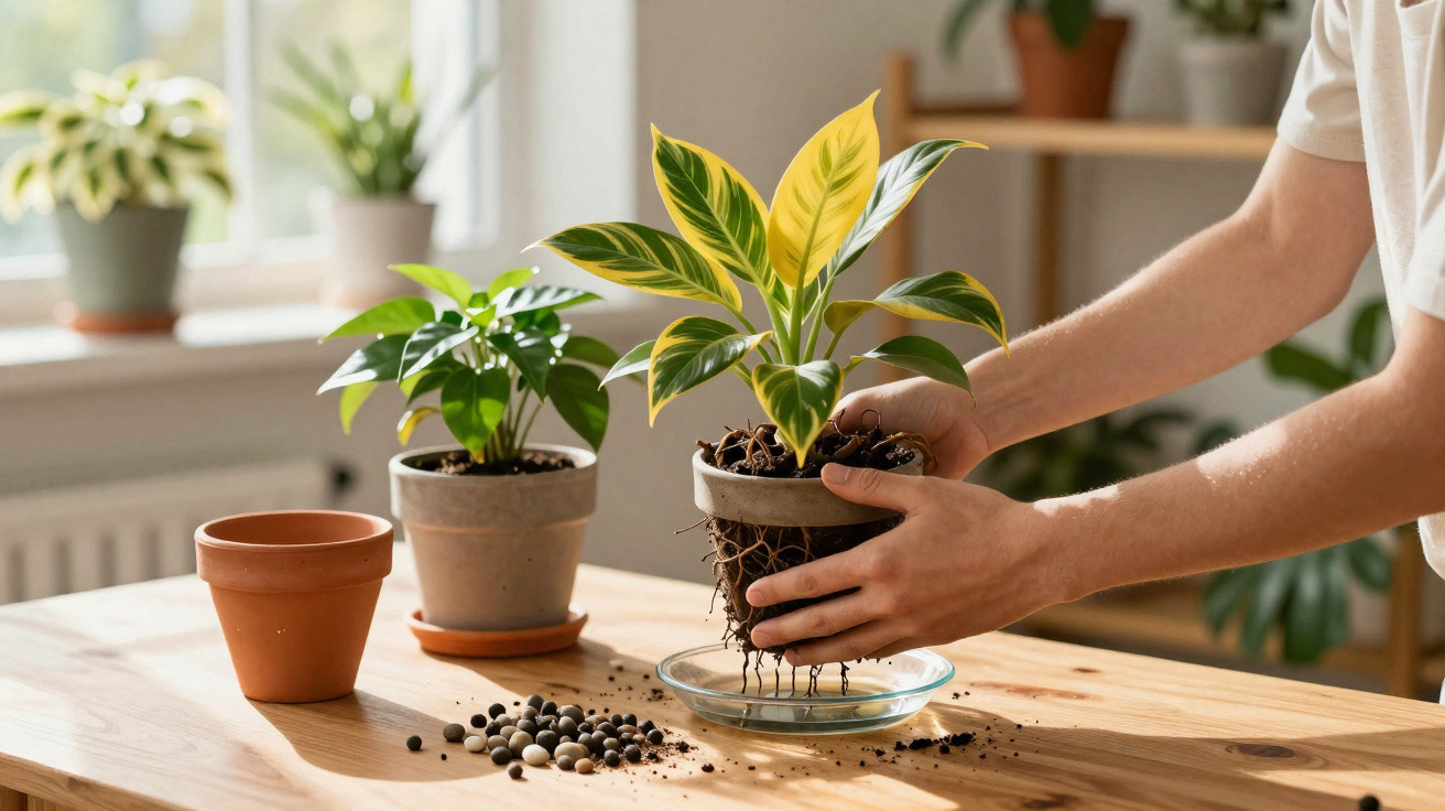 Person repotting a variegated houseplant over a wooden table with other potted plants nearby and soil scattered.