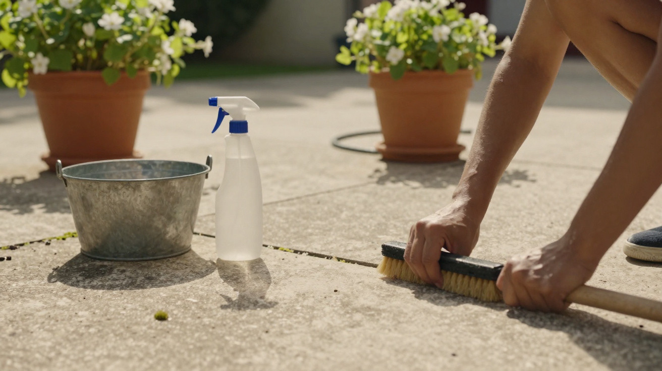 Person scrubbing patio floor with brush, next to a spray bottle and metal bucket by flower pots.