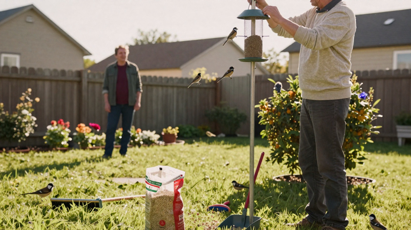 Two men in a garden filling a bird feeder with birds perched and flying around them on a sunny day.