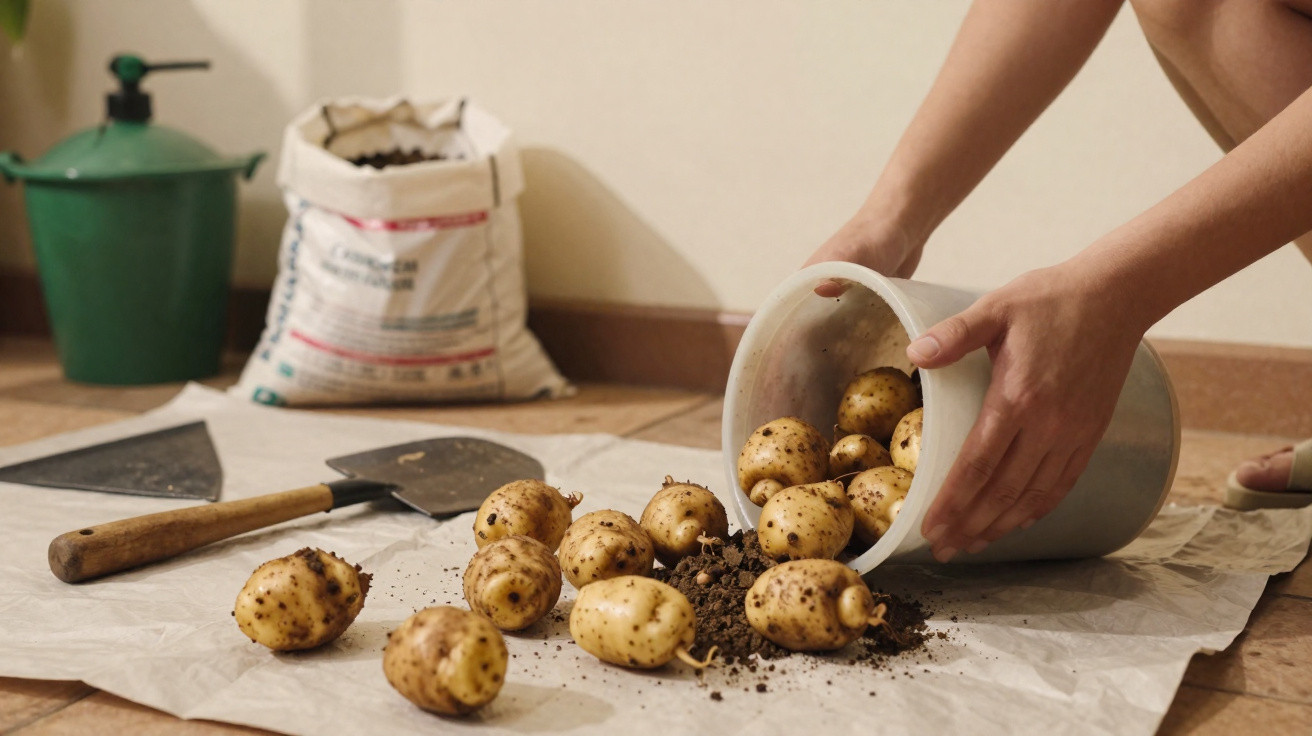 Hands pouring small potatoes with soil from a white bucket onto paper with gardening tools nearby.