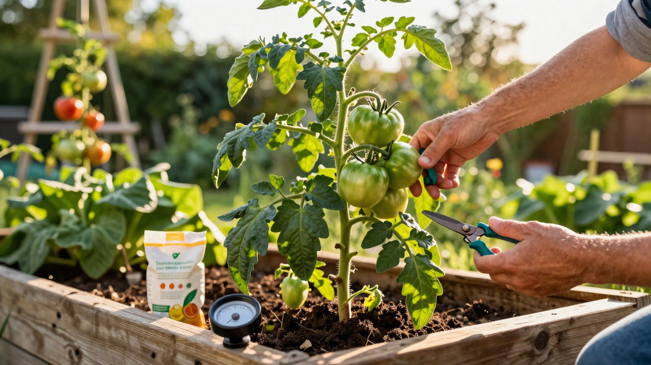 Person harvesting unripe green tomatoes from a raised garden bed with gardening tools and fertilizer nearby.
