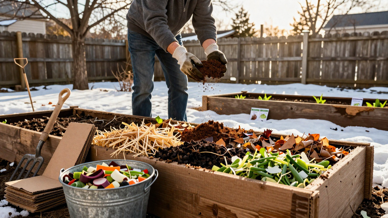 Person preparing a raised garden bed with soil and vegetable scraps in a snowy backyard during daylight.