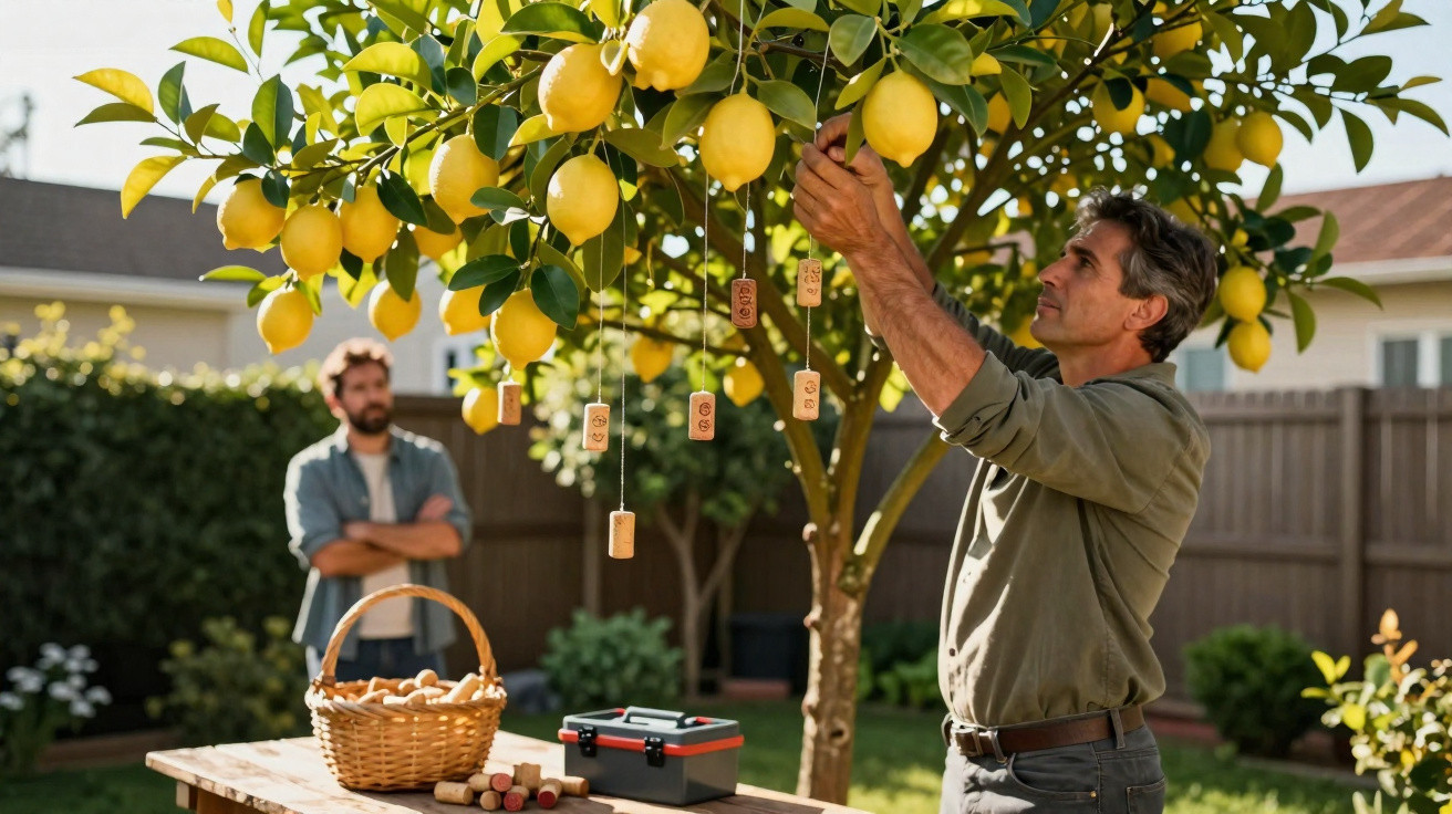 Man attaching wine corks to strings hanging from a lemon tree in a backyard garden.