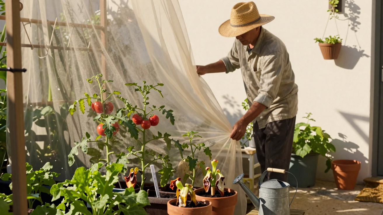Person in a straw hat tending to tomato plants under a protective mesh in a sunny garden patio.
