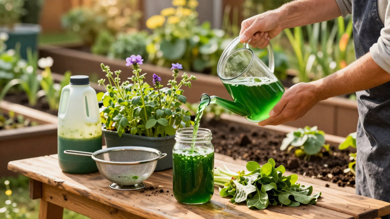 Person pouring green liquid from a glass watering can into a jar on a wooden table with garden plants.