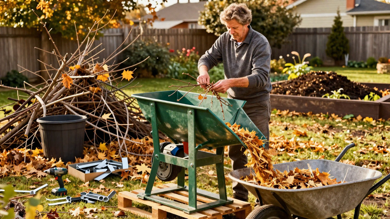 Man shredding autumn leaves and branches using a garden shredder in a sunny backyard.