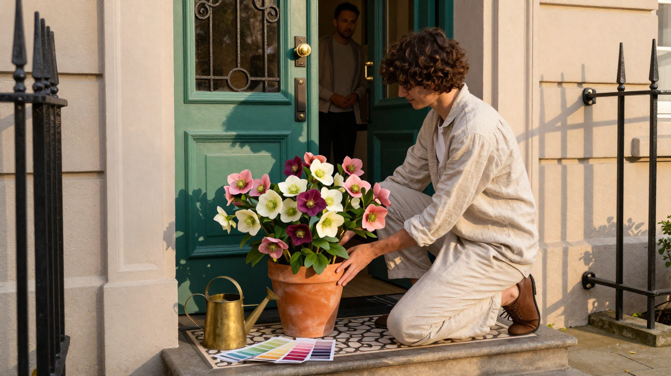 Person arranging a large pot of vibrant flowers on a doorstep with a watering can and colour samples nearby.