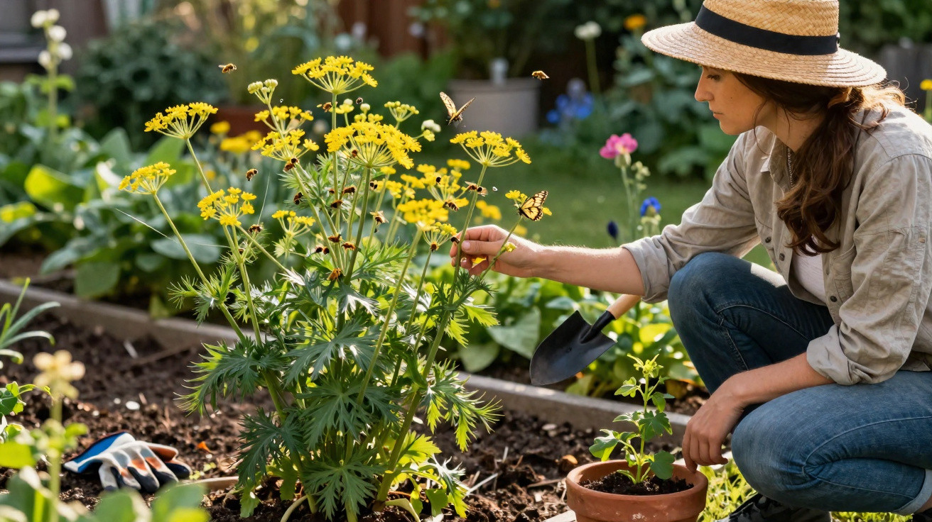 Woman in a hat gardening, examining yellow flowers with bees and butterflies in a sunny garden.