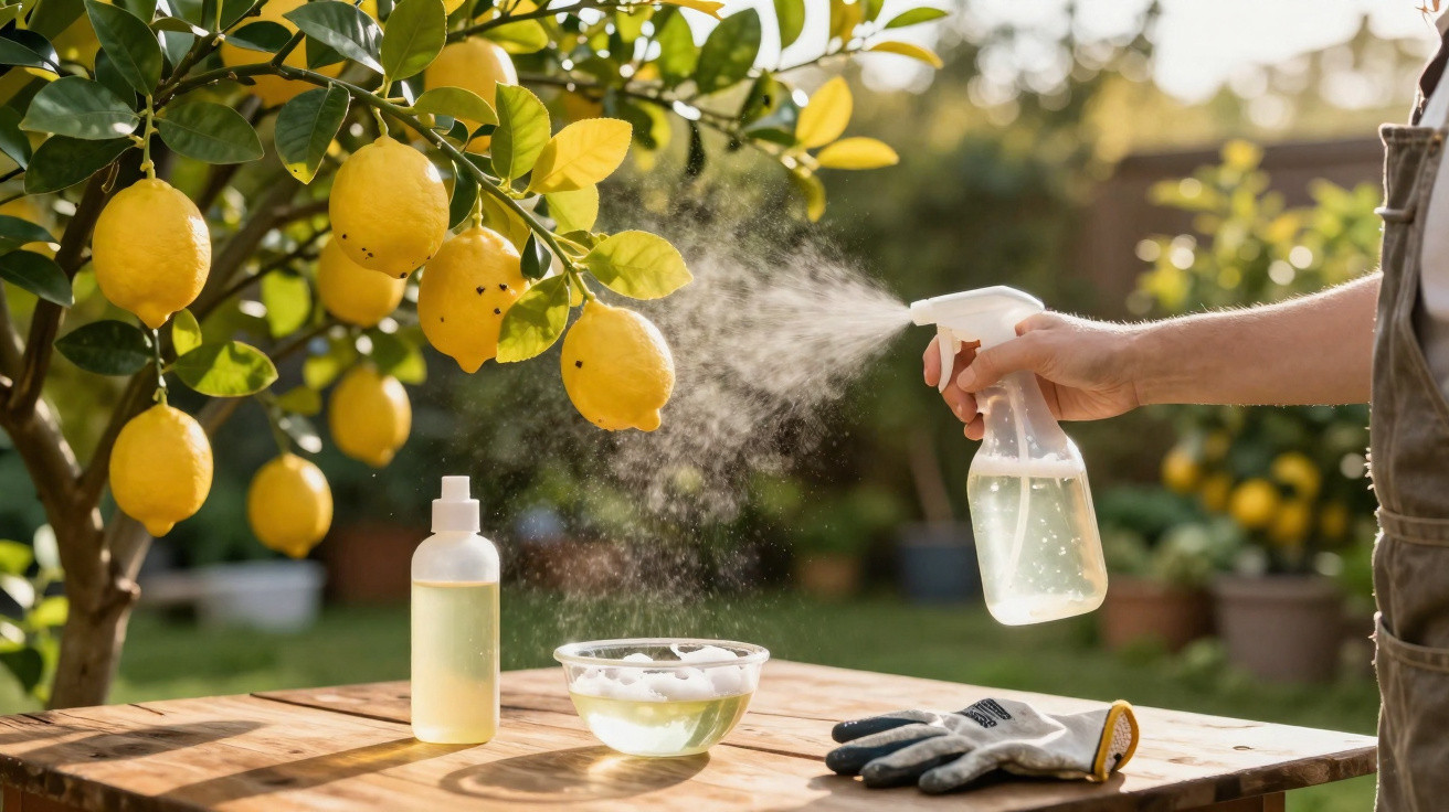 Hand spraying liquid from a bottle onto lemons on a tree with gardening gloves and supplies on a wooden table.