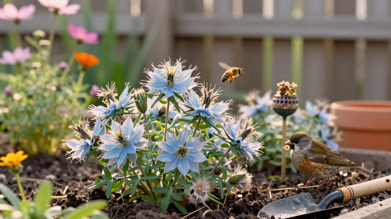 Blue flowers in soil with a bee flying near them, a small bird, and a gardening trowel nearby.
