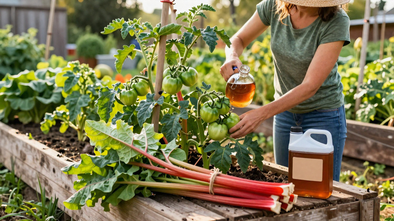 Person watering green tomatoes in a raised garden bed with rhubarb stalks and a bottle of liquid nearby.